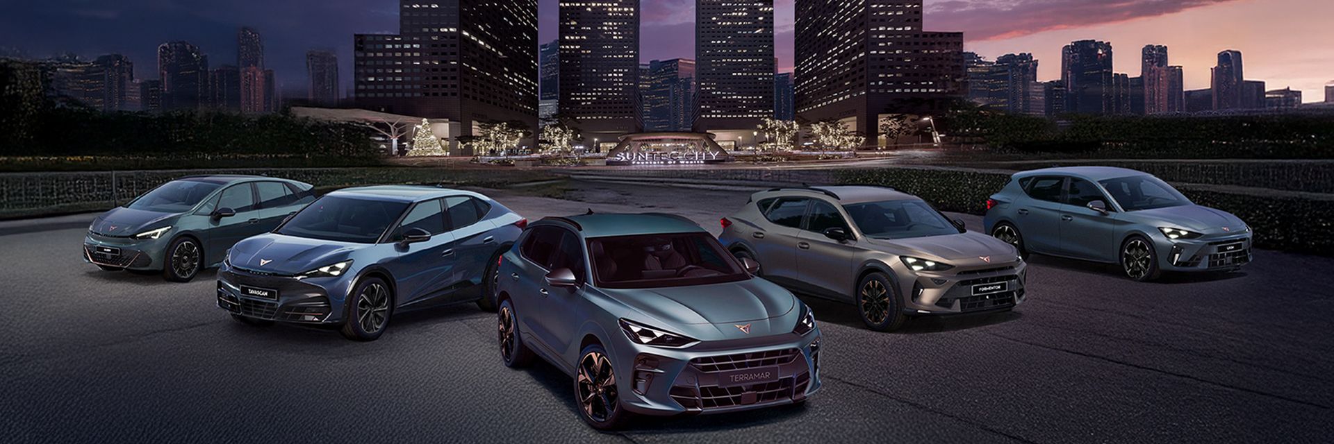 CUPRA Born, Tavascan, Terramar, Formentor and Leon line up infront of Suntec CIty for their roadshow in  August 2025