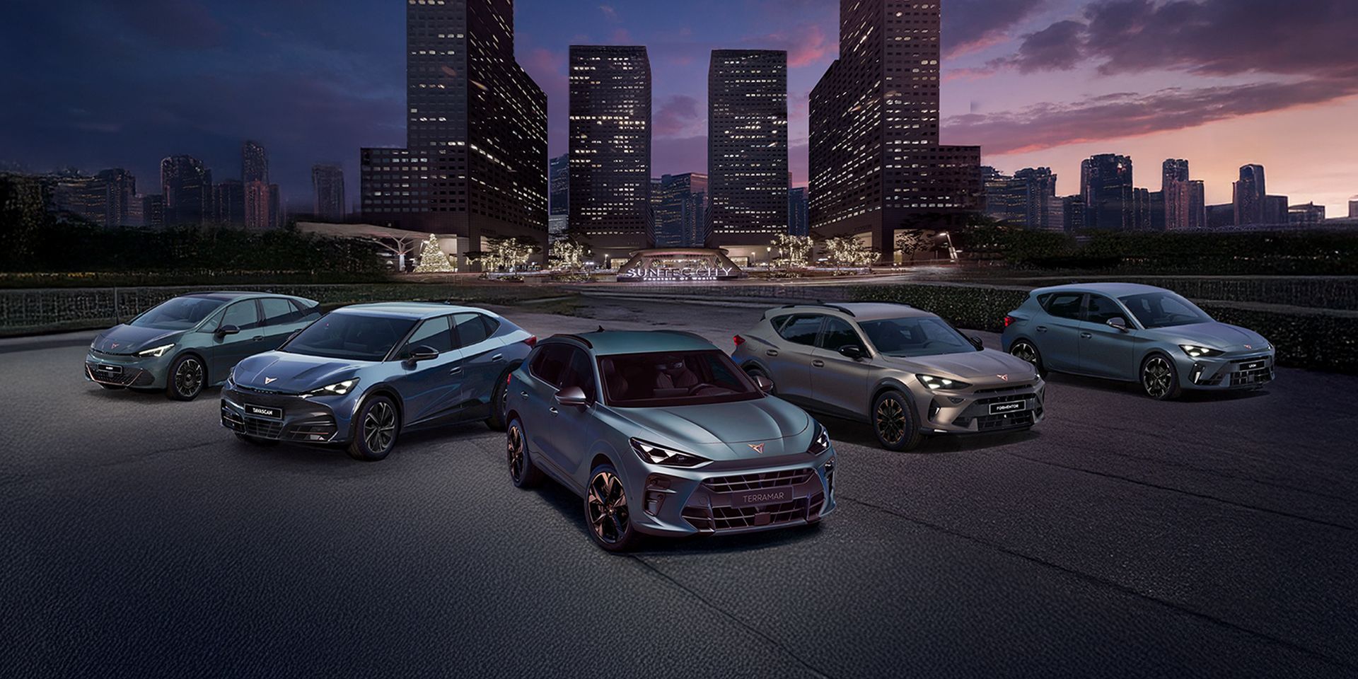 CUPRA Born, Tavascan, Terramar, Formentor and Leon line up infront of Suntec CIty for their roadshow in  August 2025