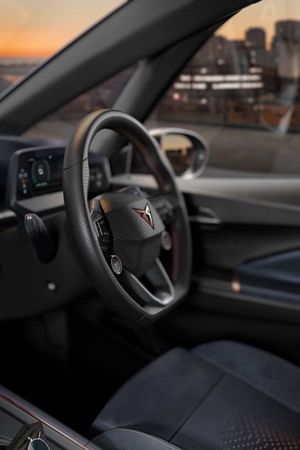 Interior of CUPRA Born and its Dynamica Aurora Blue bucket seats