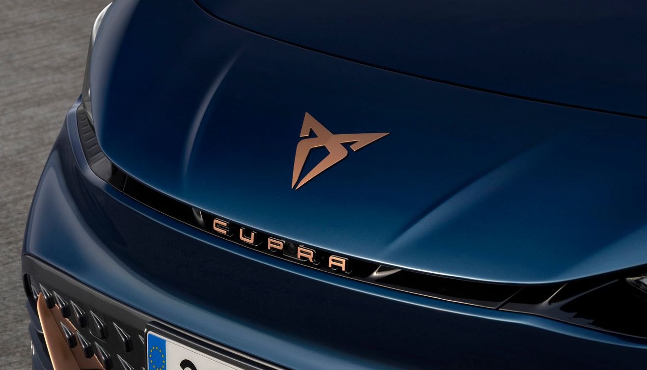 Close up of the CUPRA Born logo on it's bonnet