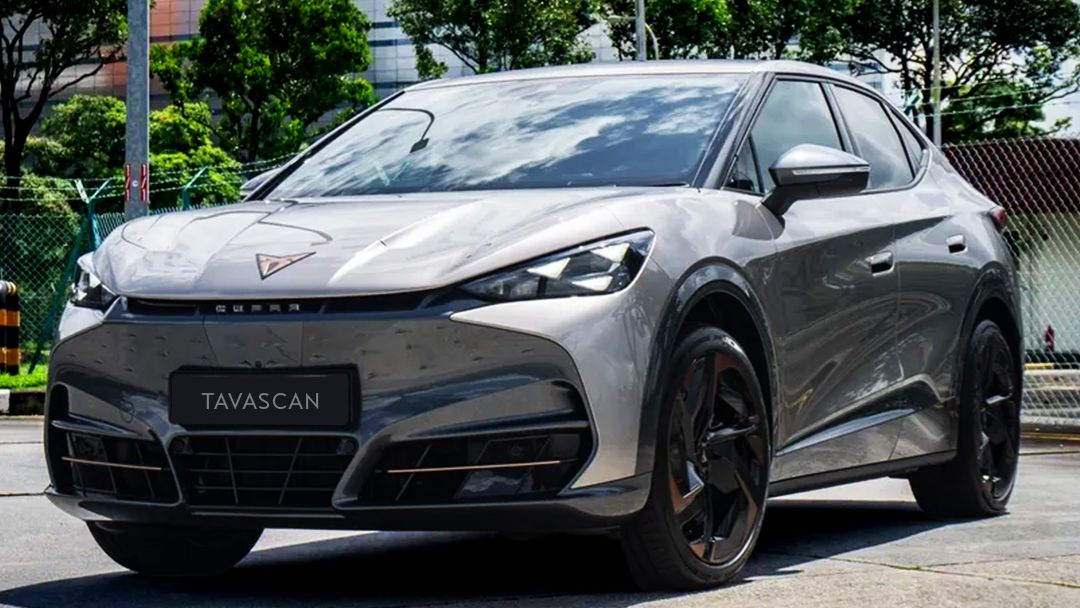 Atacama desert colour of CUPRA Tavascan VZ, caption is "Surprised at just how sorted the Tavascan VZ feels"