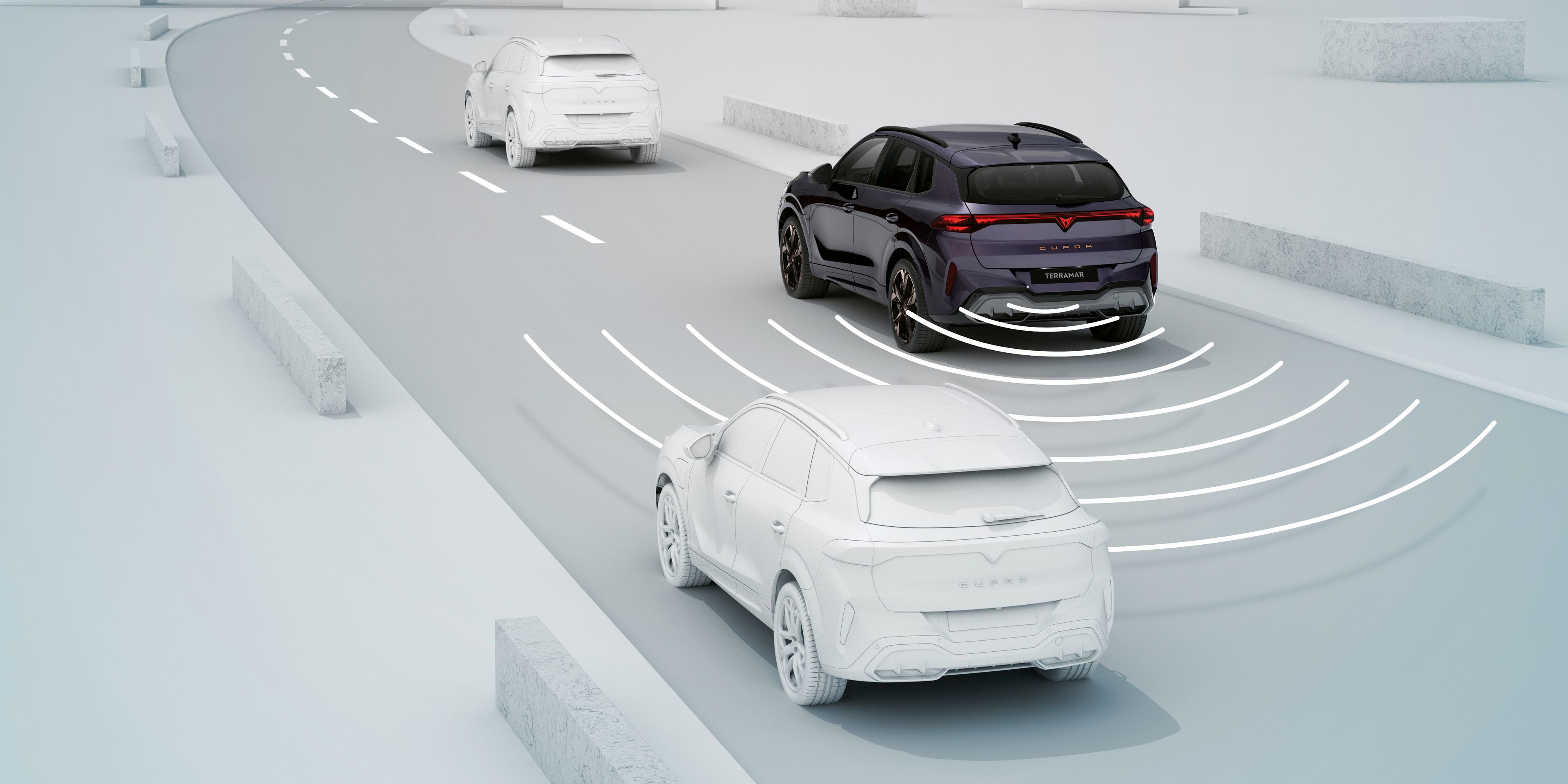 CUPRA Terramar Intelligent side and exit assist while driving on the road with cars around a driving CUPRA Terramar