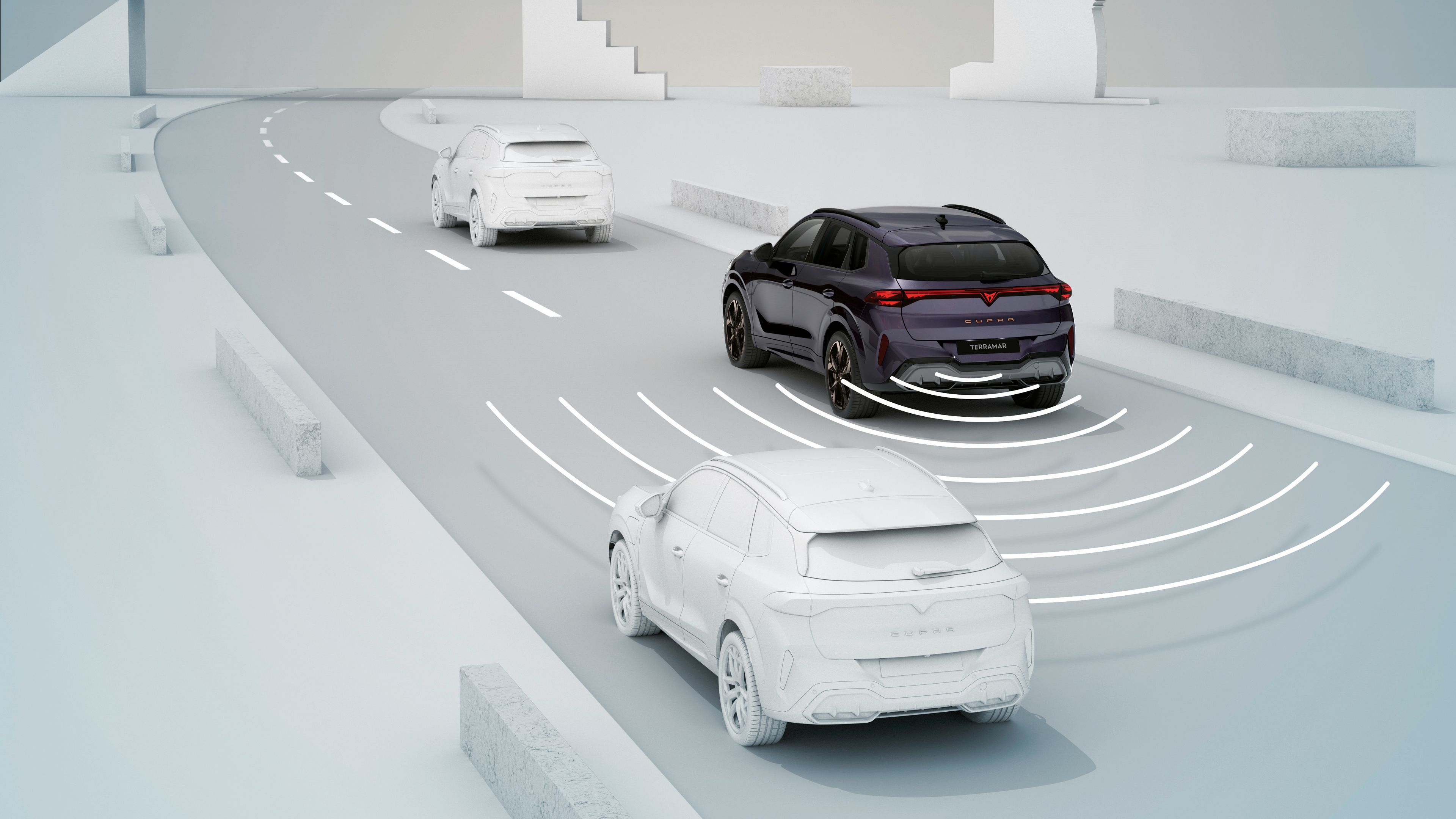CUPRA Terramar Intelligent side and exit assist while driving on the road with cars around a driving CUPRA Terramar