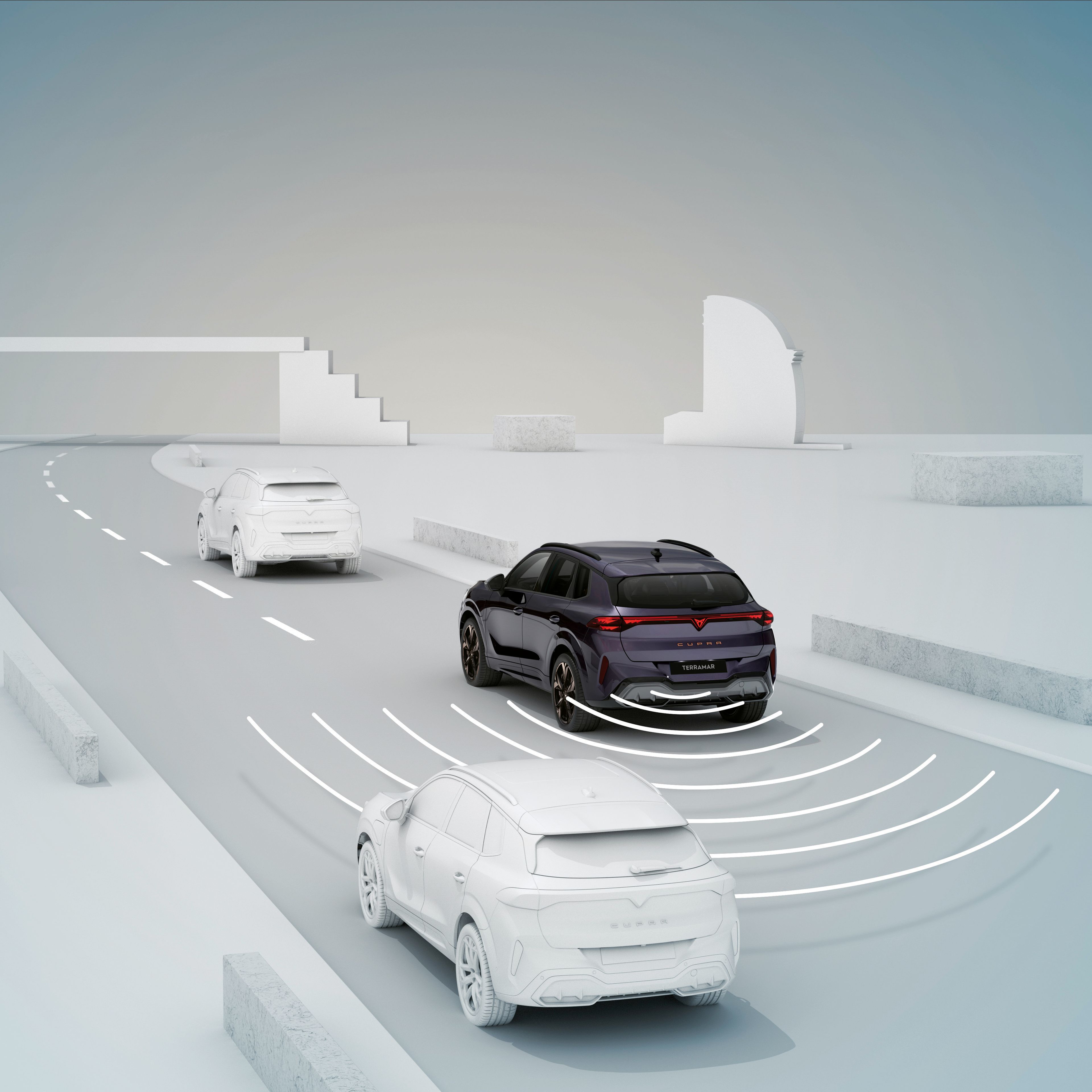 CUPRA Terramar Intelligent side and exit assist while driving on the road with cars around a driving CUPRA Terramar
