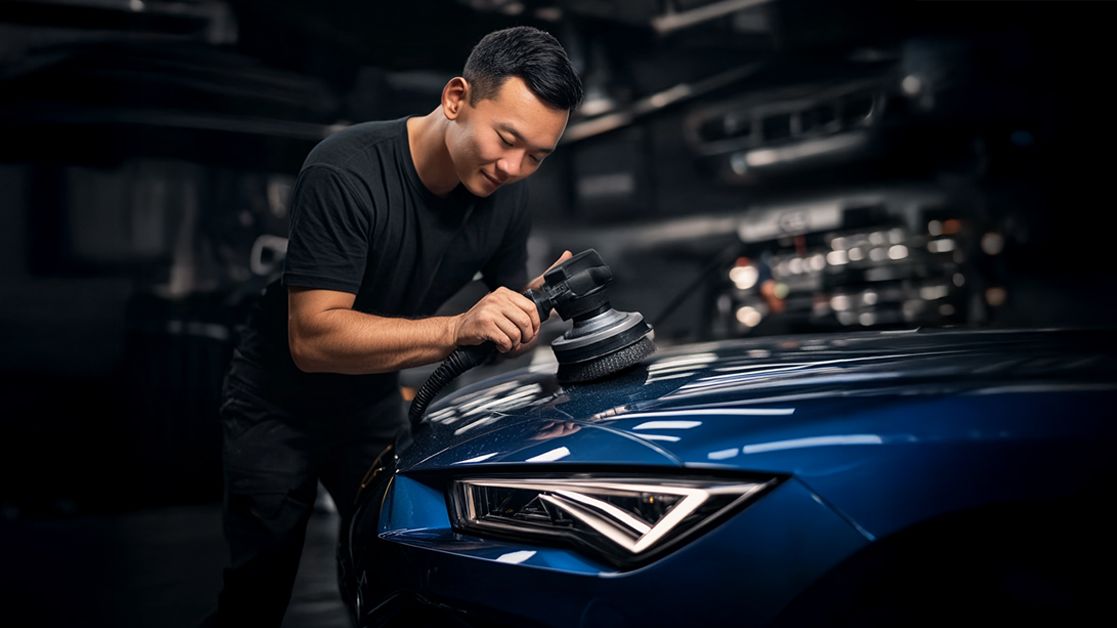 A CUPRA servicing crew polishing a blue CUPRA 