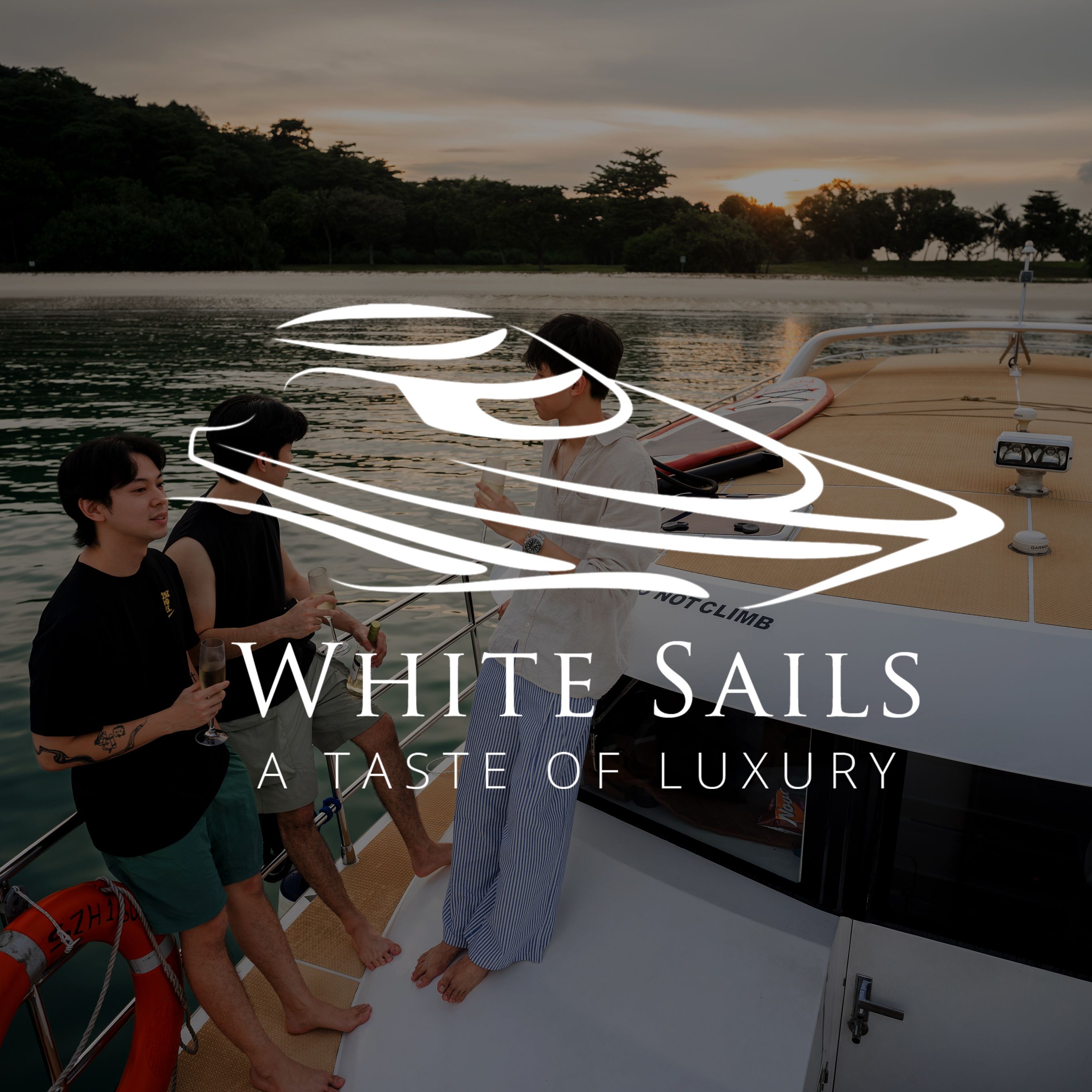 White sails logo with a background of people enjoying their time on a yatch