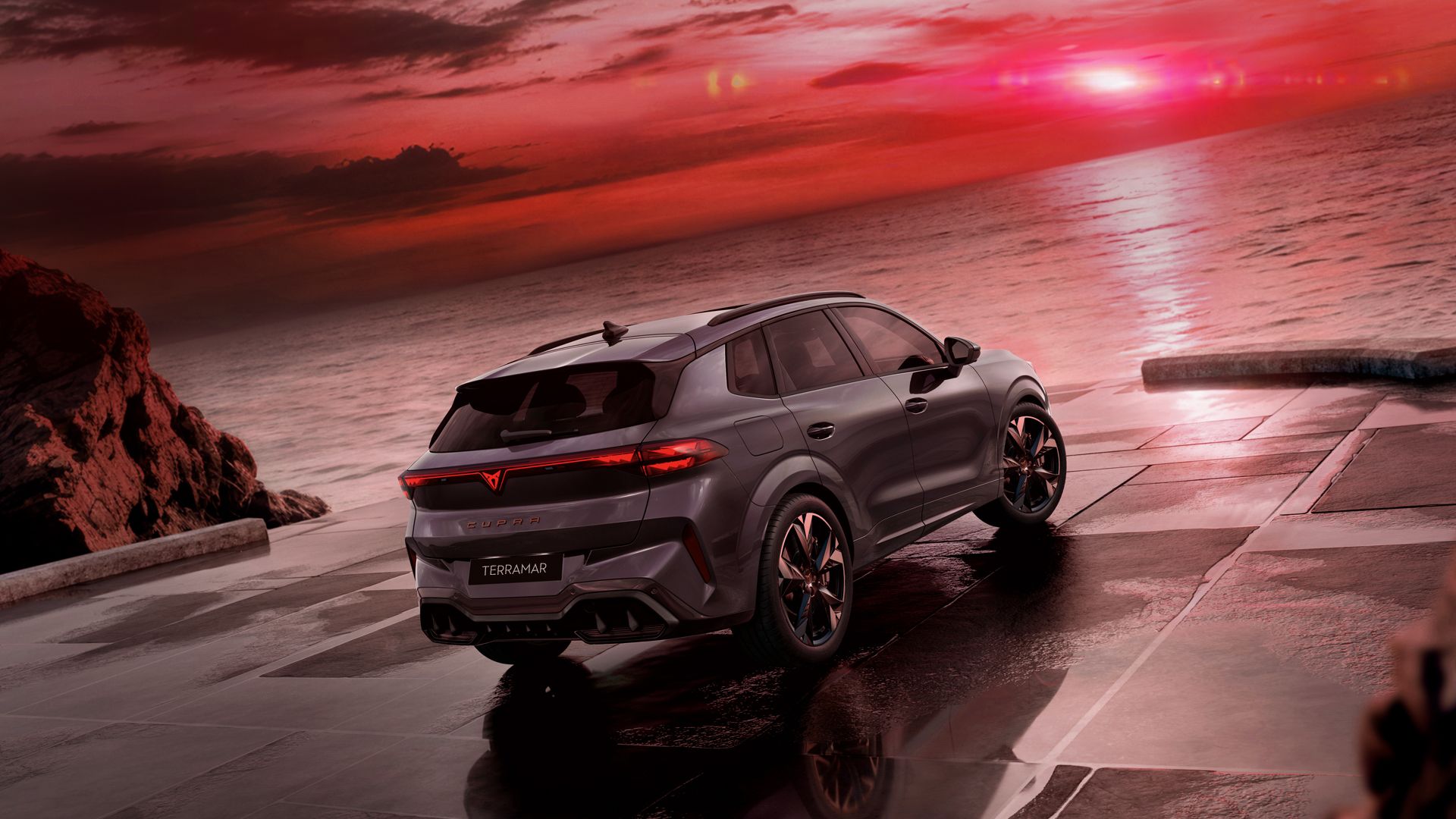 CUPRA Terramar facing the red sunset view