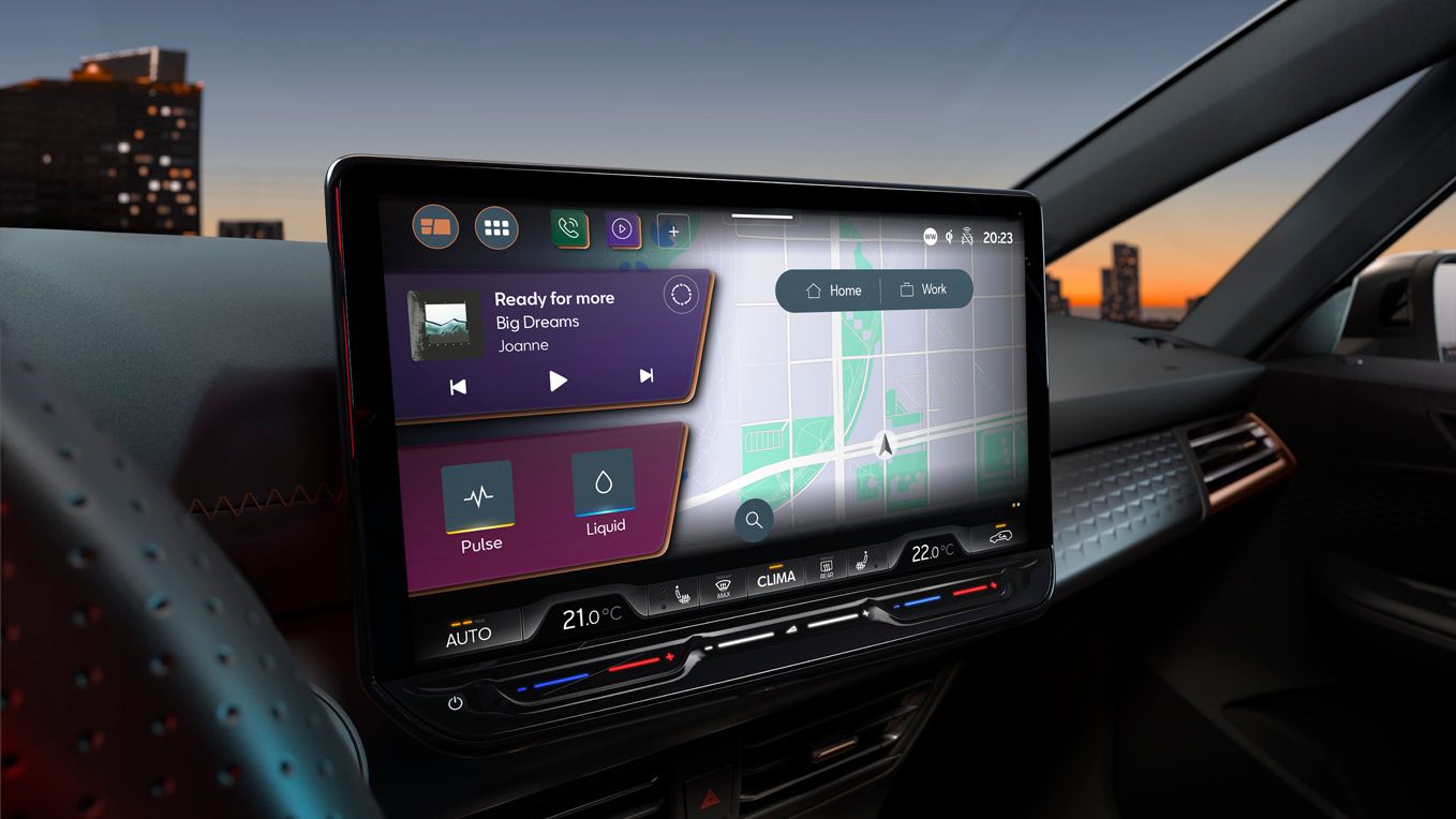 CUPRA Born infotainment system showing Apple Car Play and GPS