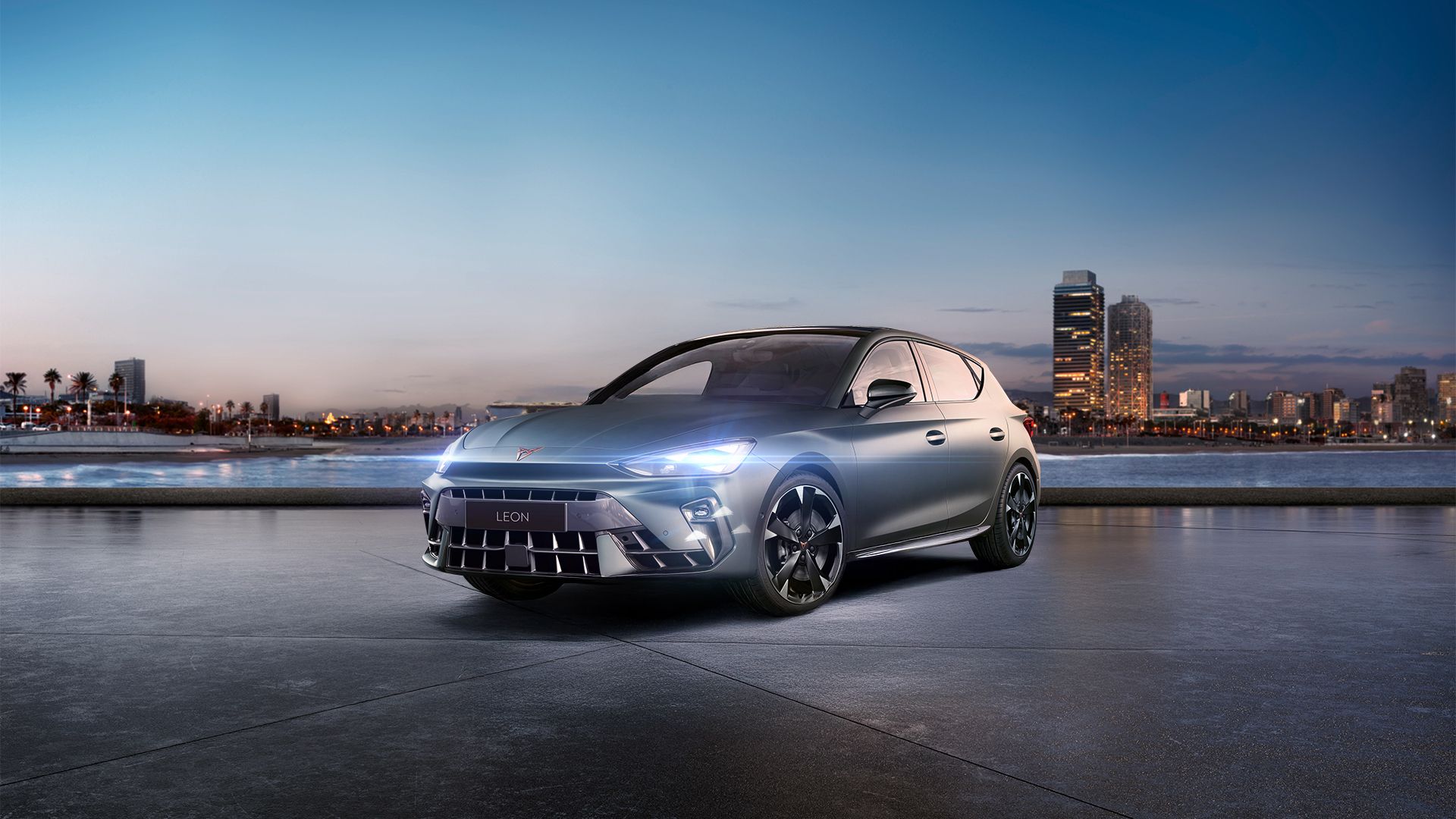 CUPRA Leon with a city background.