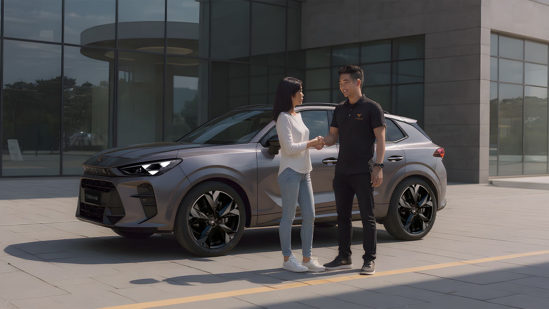 Cupra Master shaking hand with customer at the side of CUPRA Terramar near CUPRA service centre