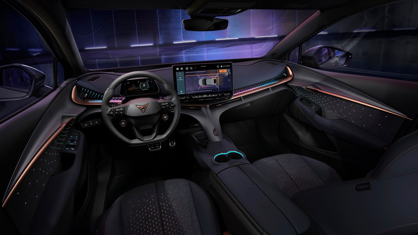 CUPRA Tavascan interior, infotainment system showing park distance control for front and rear