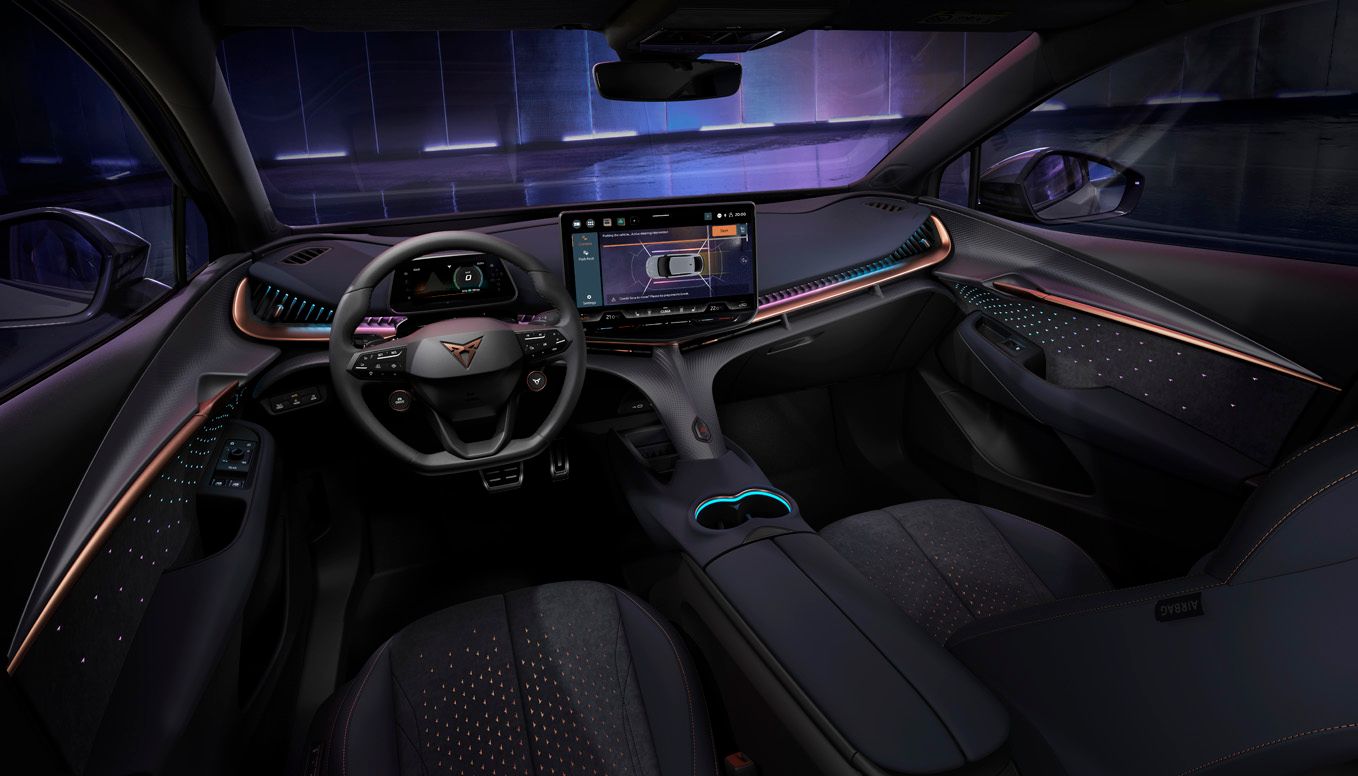 CUPRA Tavascan interior, infotainment system showing park distance control for front and rear