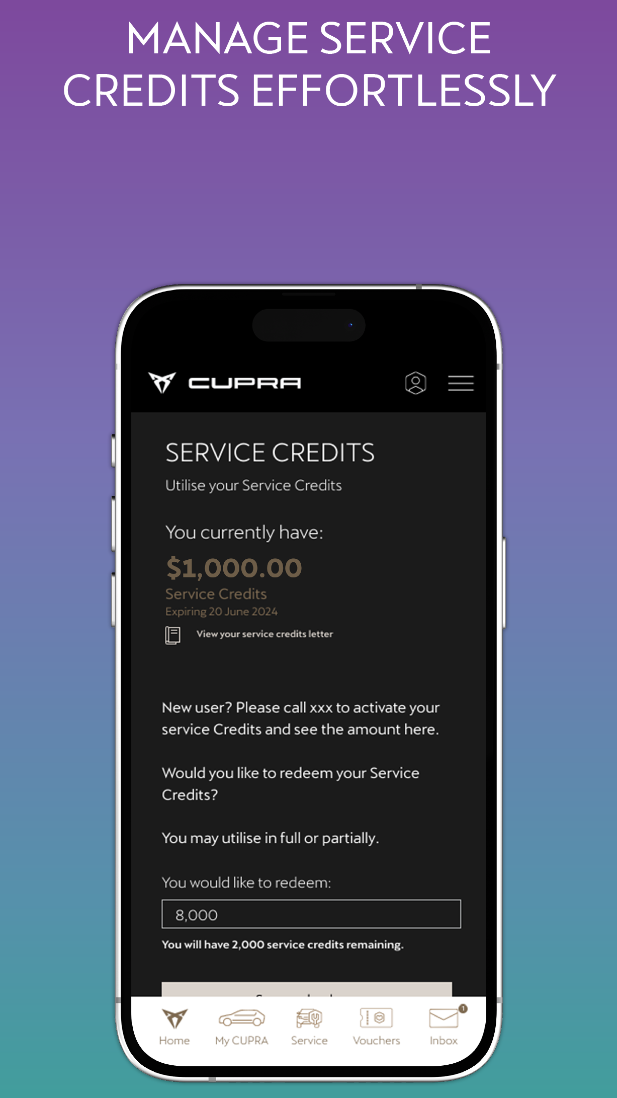 CUPRA SG app service credits page