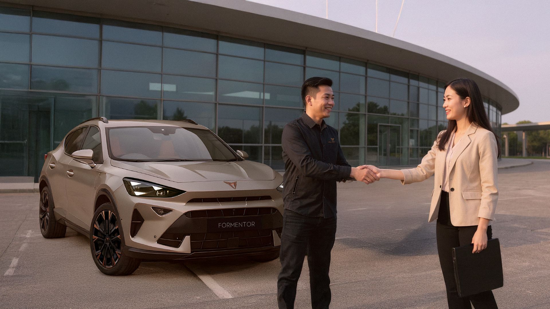 Customer service team shaking hand with customer in front of a parked CUPRA Formentor 