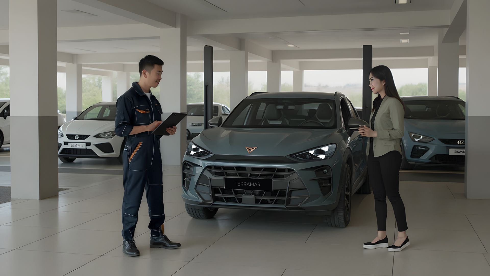 Cupra Master is connecting with customer in front of CUPRA Terramar at CUPRA service centre