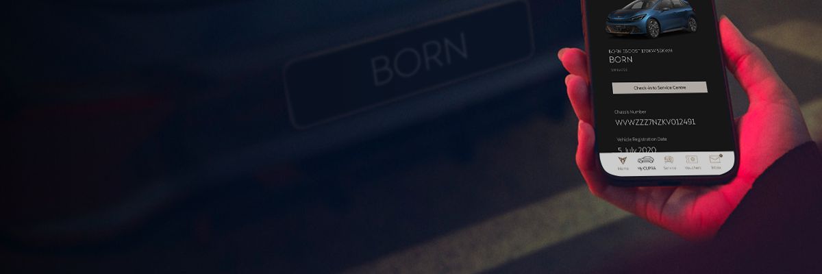 A mobile showing CUPRA SG App with a CUPRA Born in the background