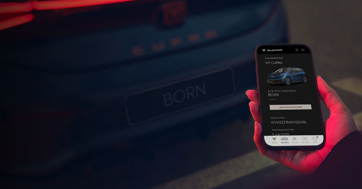 A mobile showing CUPRA SG App with a CUPRA Born in the background