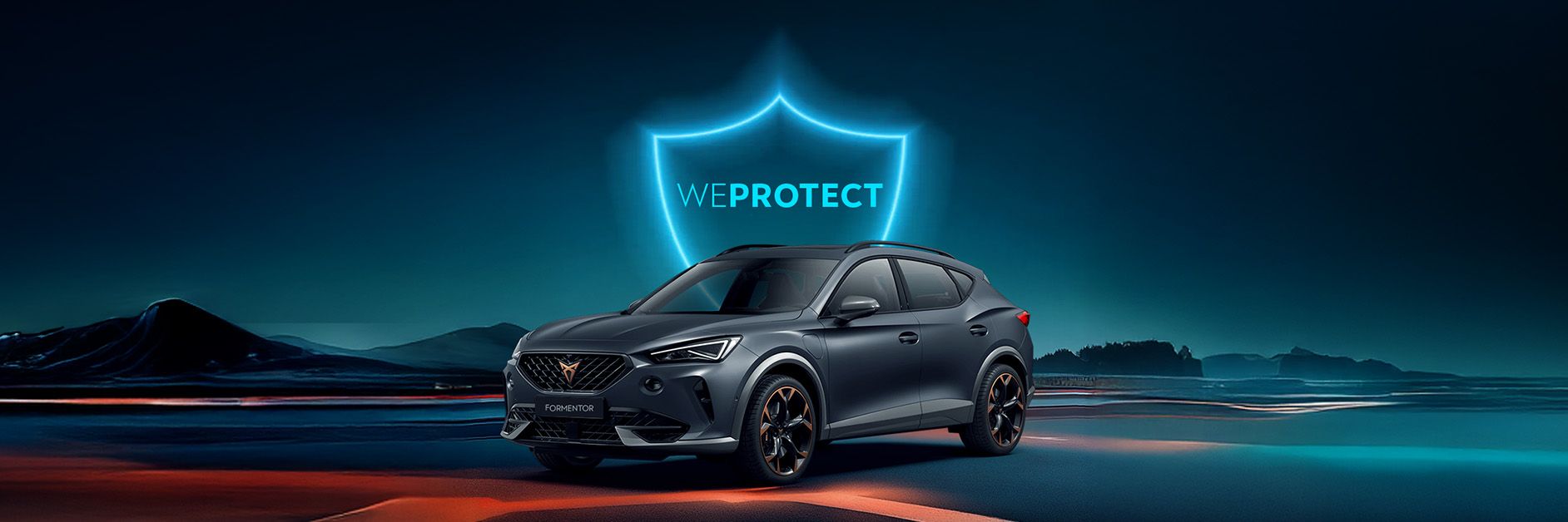 CUPRA Formentor with a blue glowing WePROTECT Shield behind