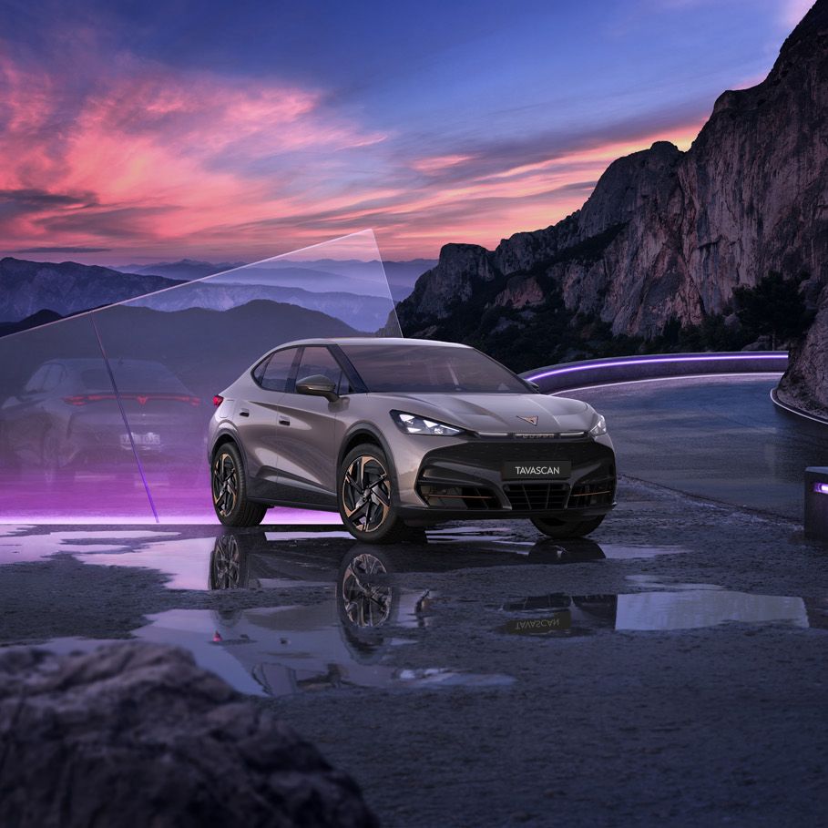 CUPRA Tavascan facing front, backround is pink and blue sky