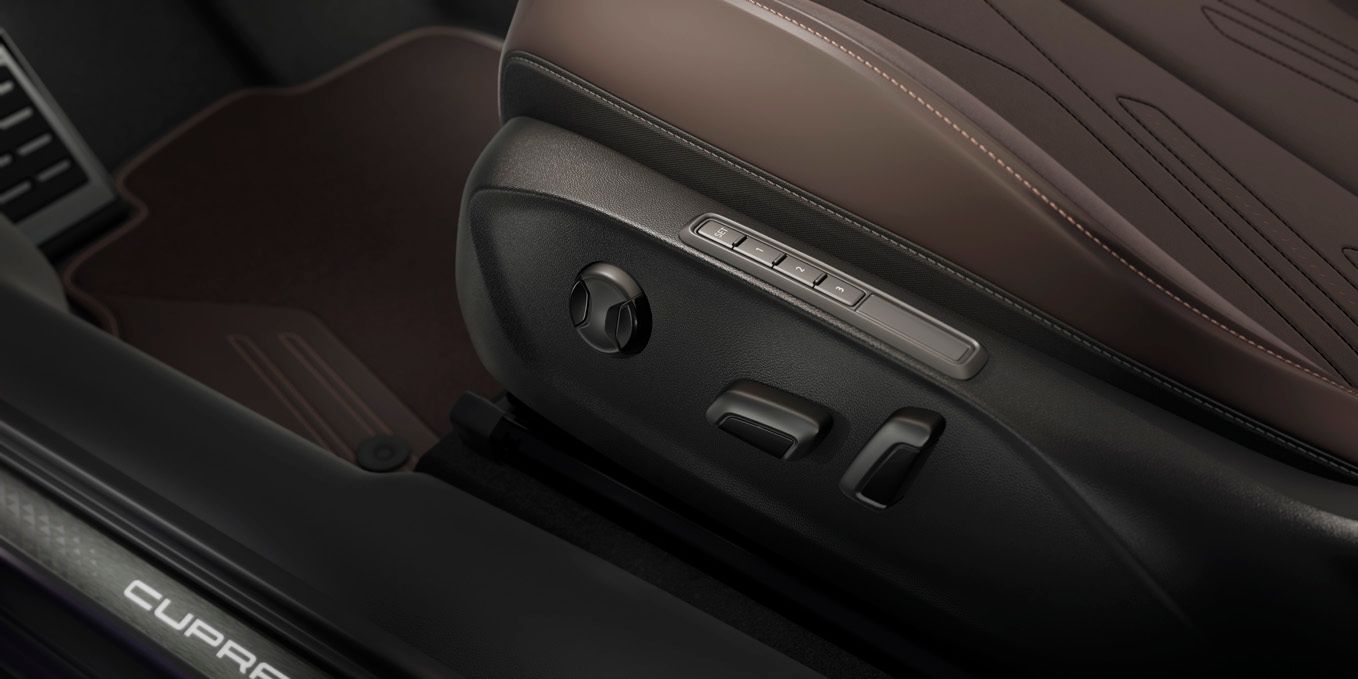 close up of CUPRA Terramar Electric Memory seat with side button