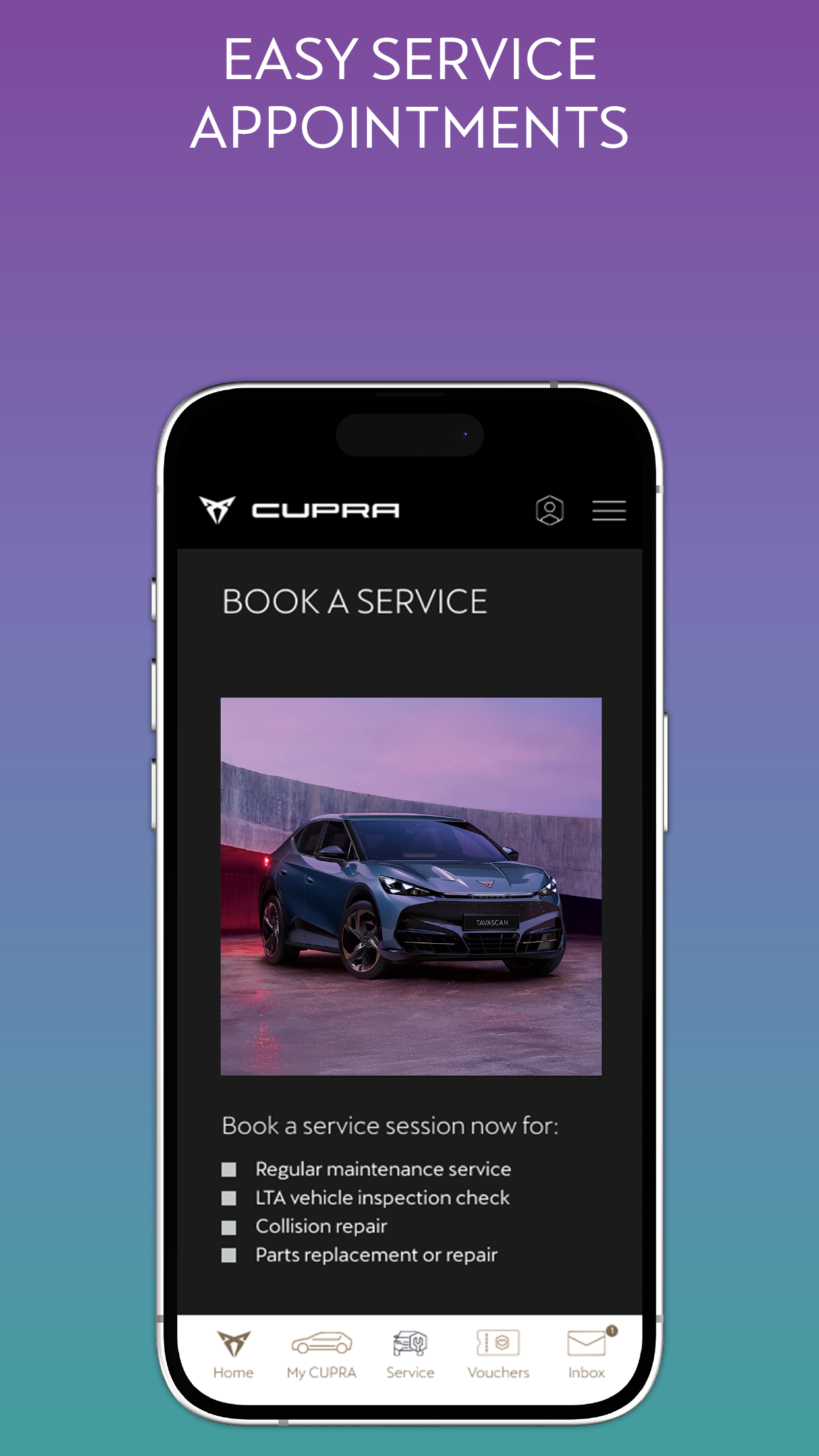 CUPRA SG app book a service page