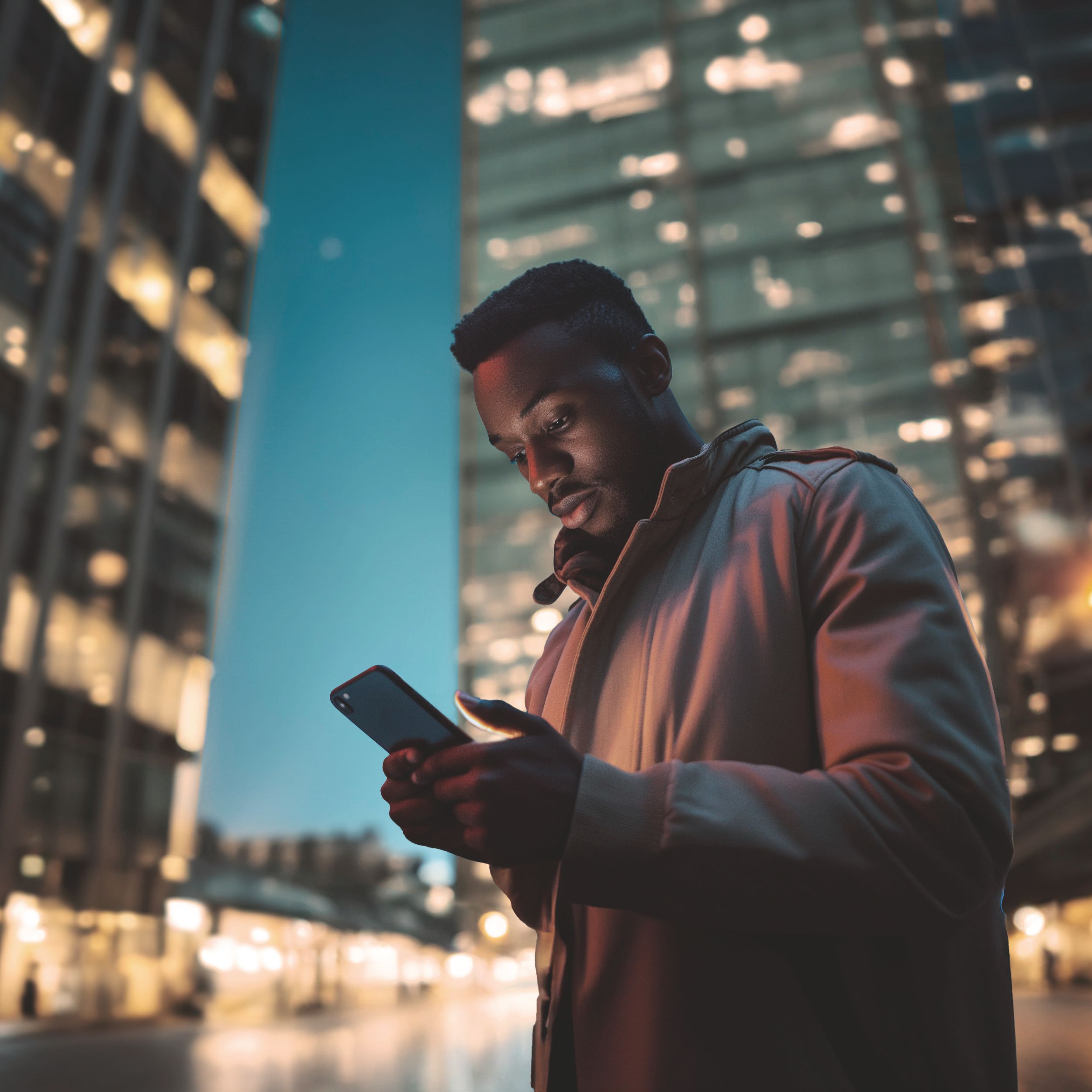 A guy looking at his phone at night