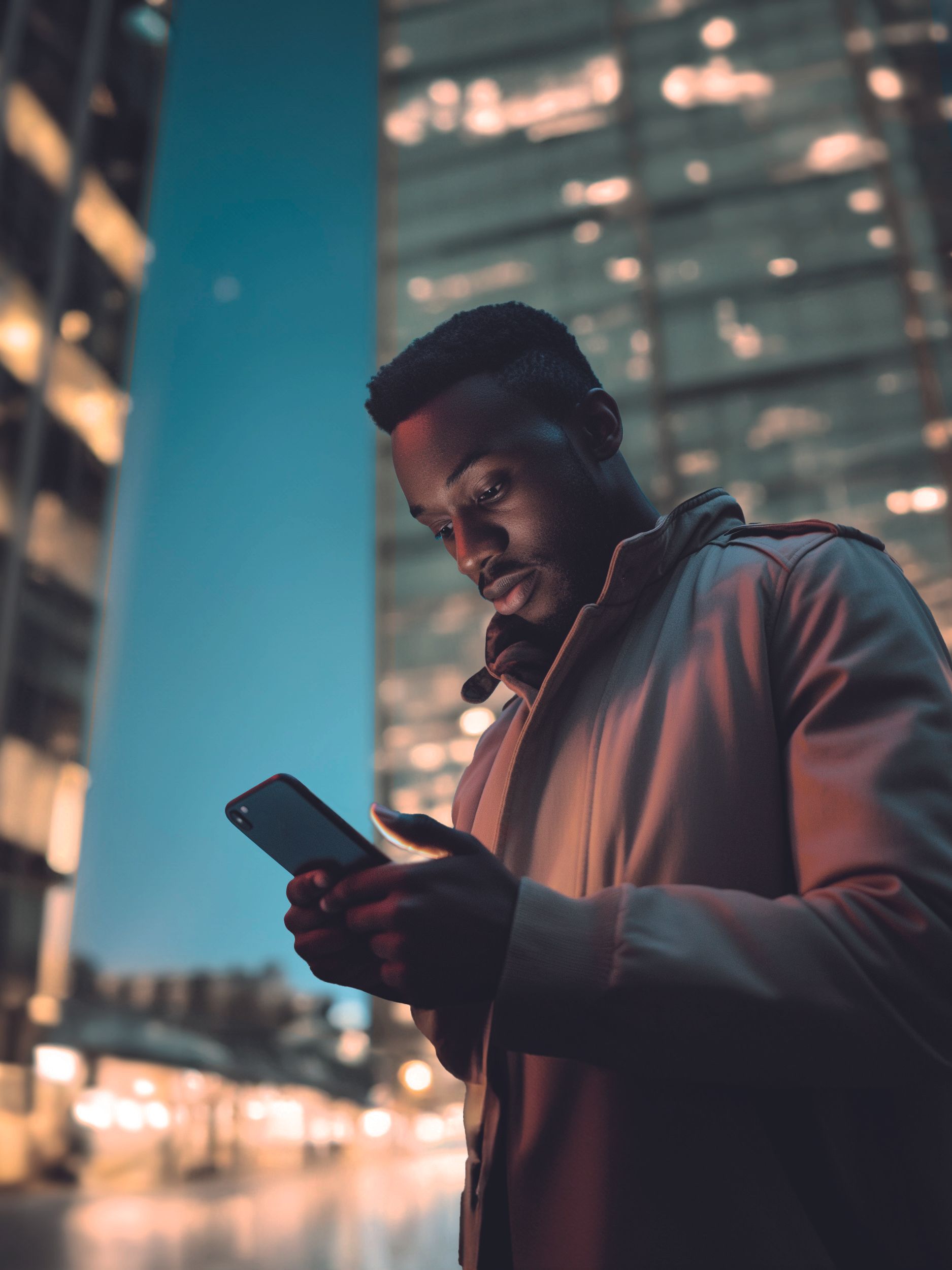 A guy looking at his phone at night