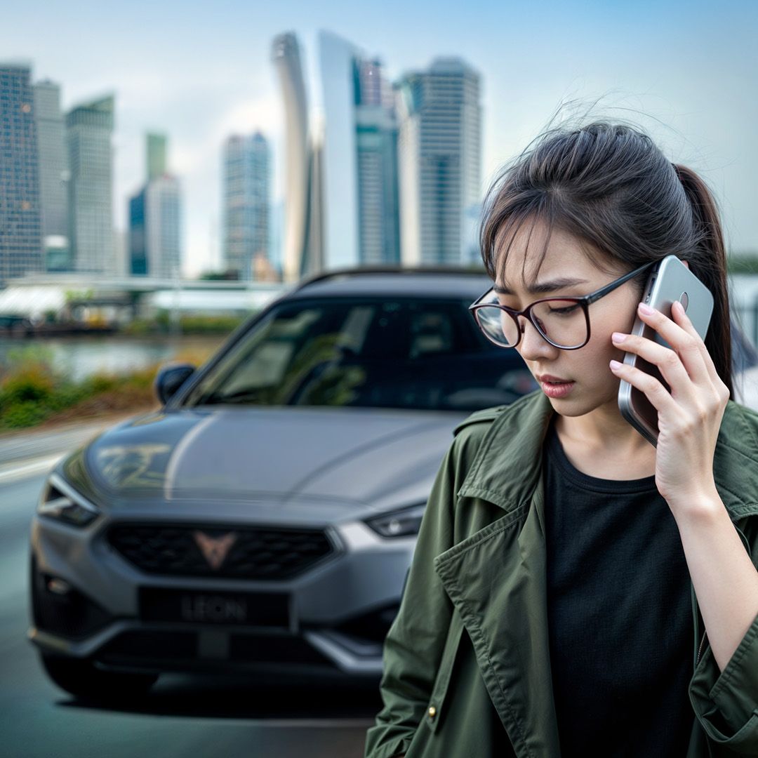 A girl calling CUPRA assistance team while CUPRA Leon is behind her