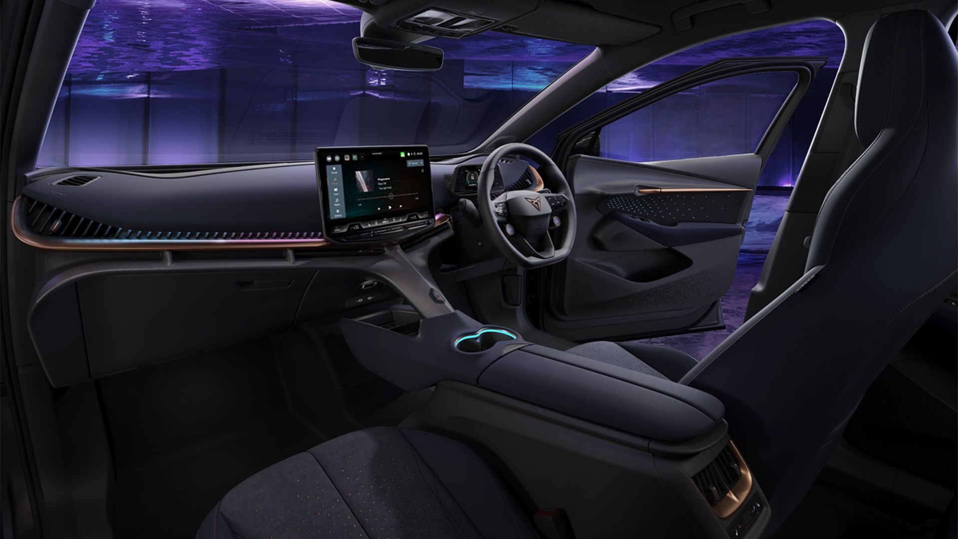 A view of the interior of CUPRA Tavascan and its ambient lighting