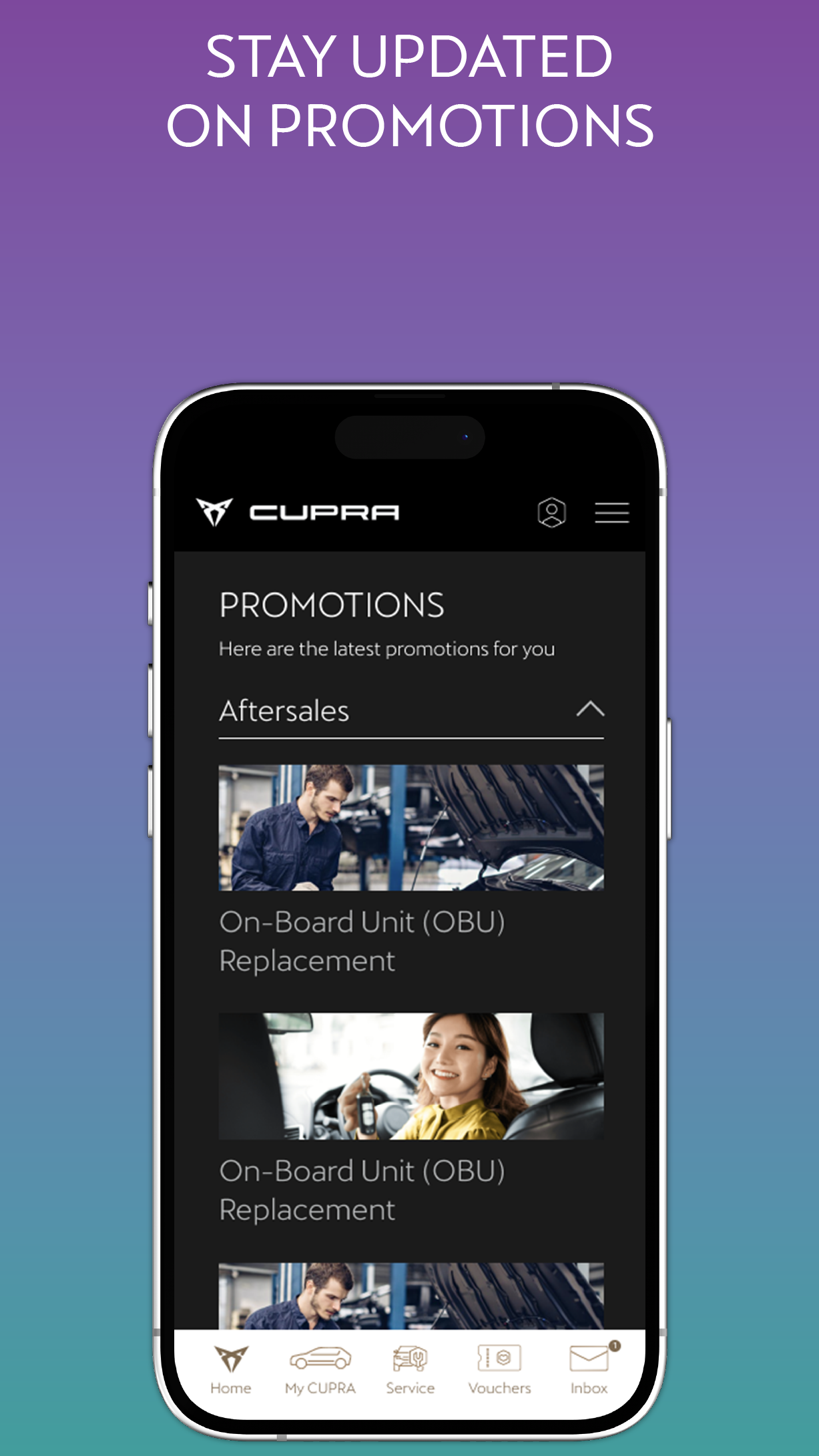 Promotions and aftersales page in CUPRA SG app