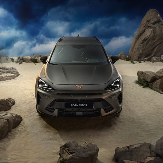 CUPRA Formentor in the middle of a deserted place with dark blue sky