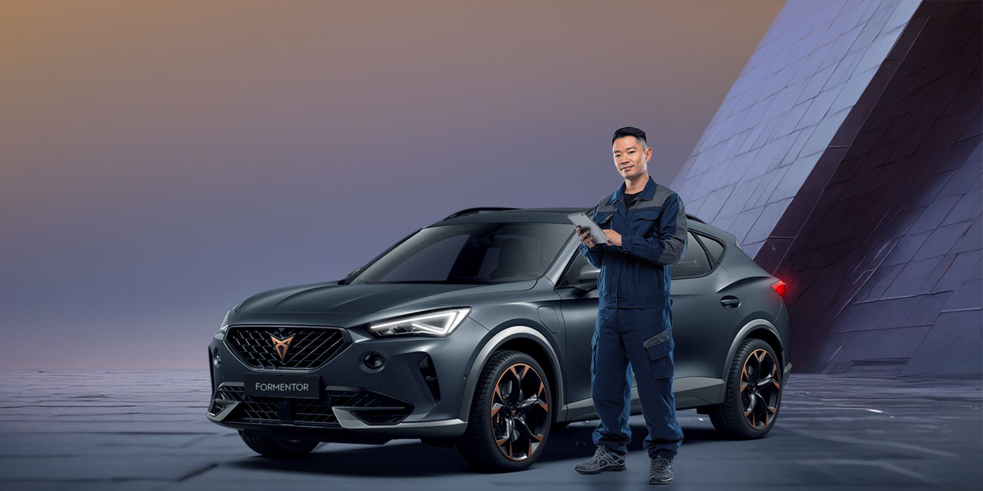 A CUPRA servicing crew standing infront of a CUPRA Formentor