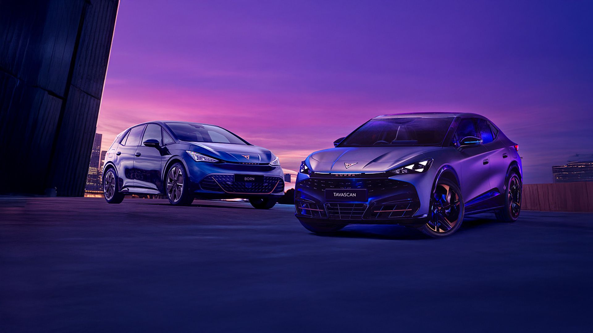 CUPRA Born and tavascan under the Singaporean purple sunset