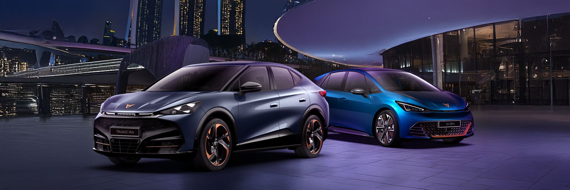CUPRA Tavascan and Born parking side by side with marina bay at the background