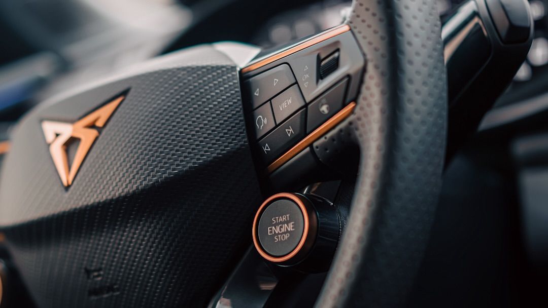 CUPRA Terramar close up view of the steering wheel and buttons