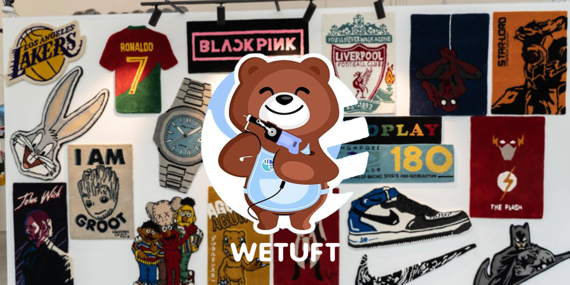 WeTuft logo and a wall of tufted art