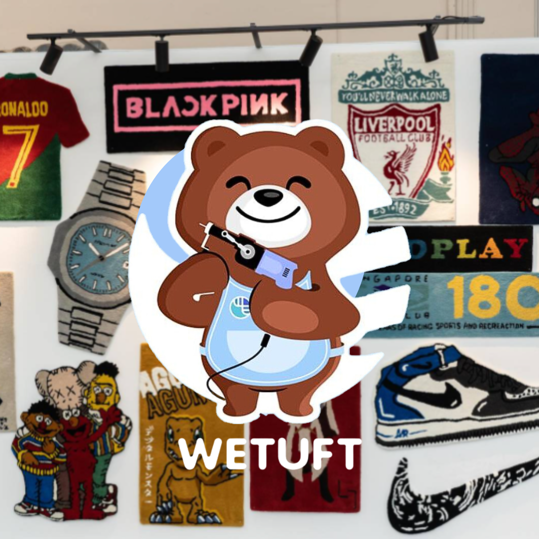 WeTuft logo and a wall of tufted art